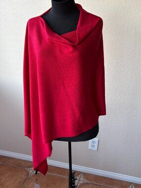 Red Knit Poncho Wrap One Size Asymmetrical Cozy Layering Piece NWT